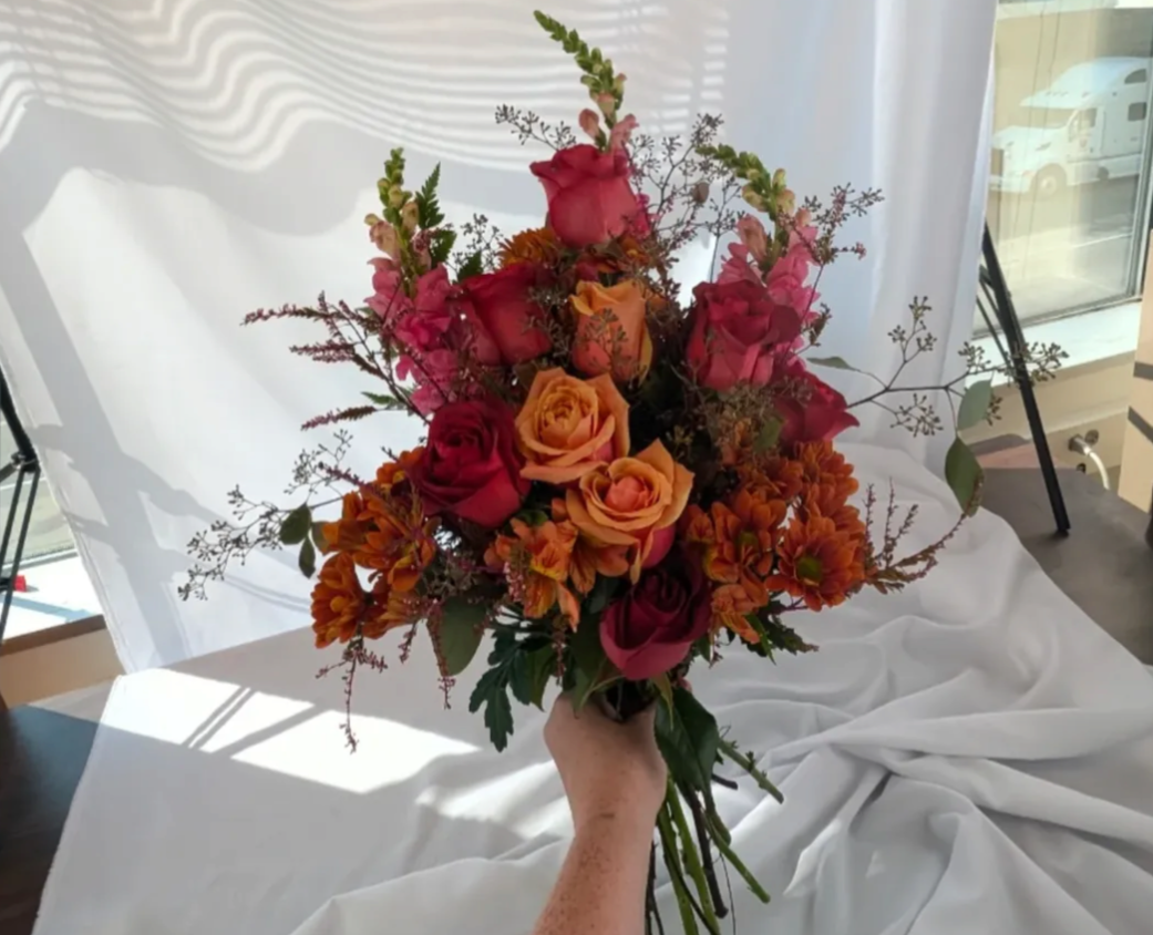 Wedding Bouquet - roses, daisy mums, eucalyptus & snapdragon