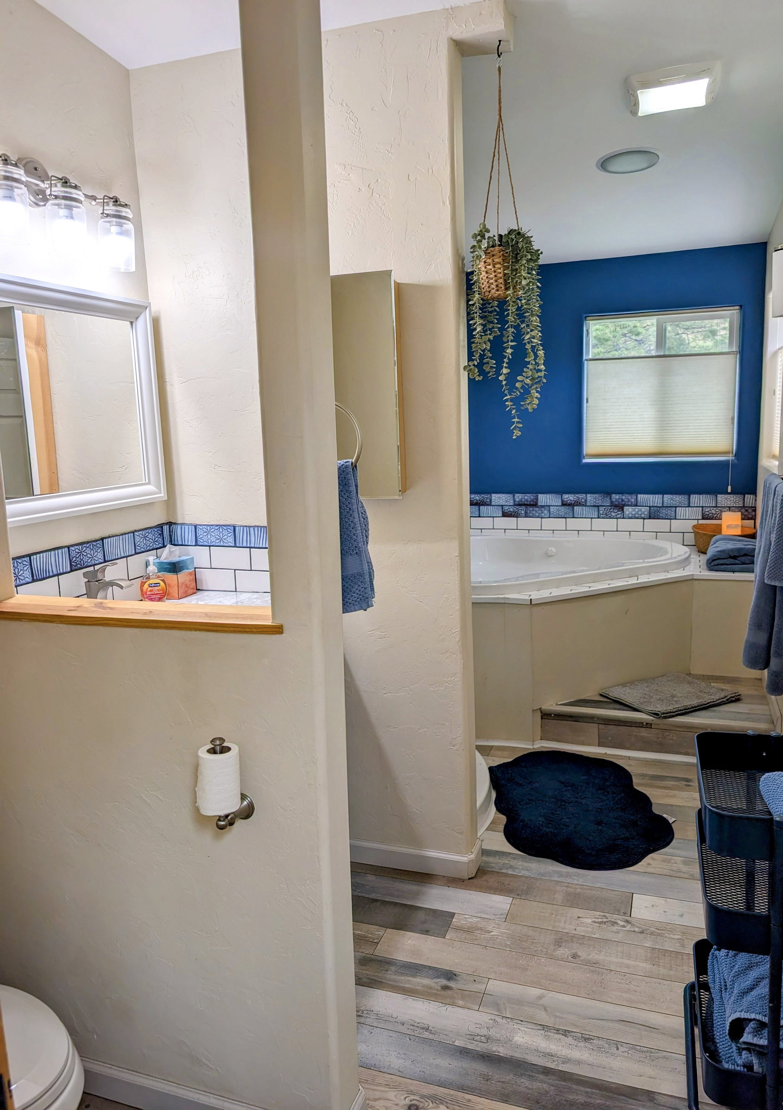 View of a bathroom with a bathtub, a window with a blue wall, hanging plant, towels, and various bathroom items. The foreground shows a partial view of a toilet paper roll, and the floor has wooden-patterned tiles.