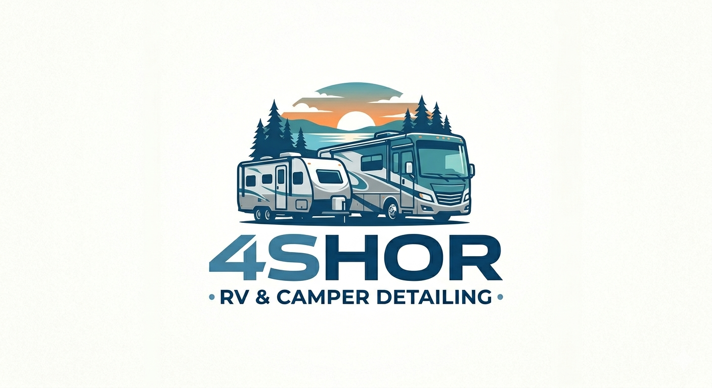 Logo for 4SHOR RV and Camper Detailing featuring illustrations of a camper and a motorhome, with trees and a sunset in the background.