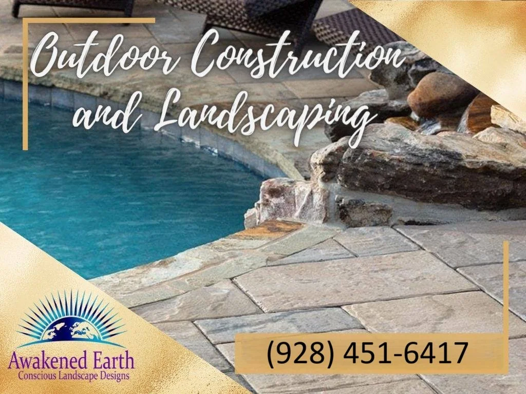 Advertisement for outdoor construction and landscaping services featuring a swimming pool with stone and rock features, and a contact phone number