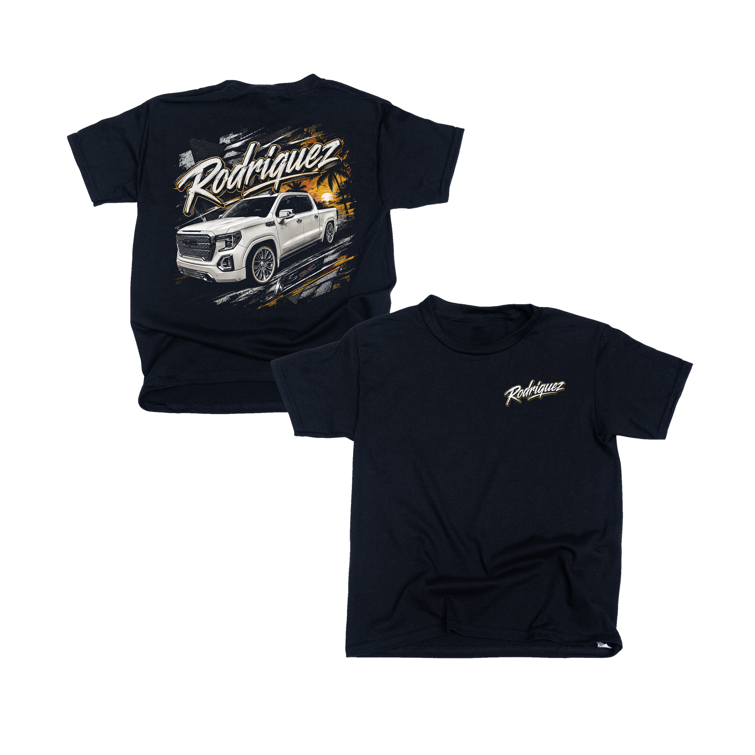 Black T-shirt with a graphic of a white GMC truck, palm trees, sunset, and the word 'Rodriguez' written in stylized letters.