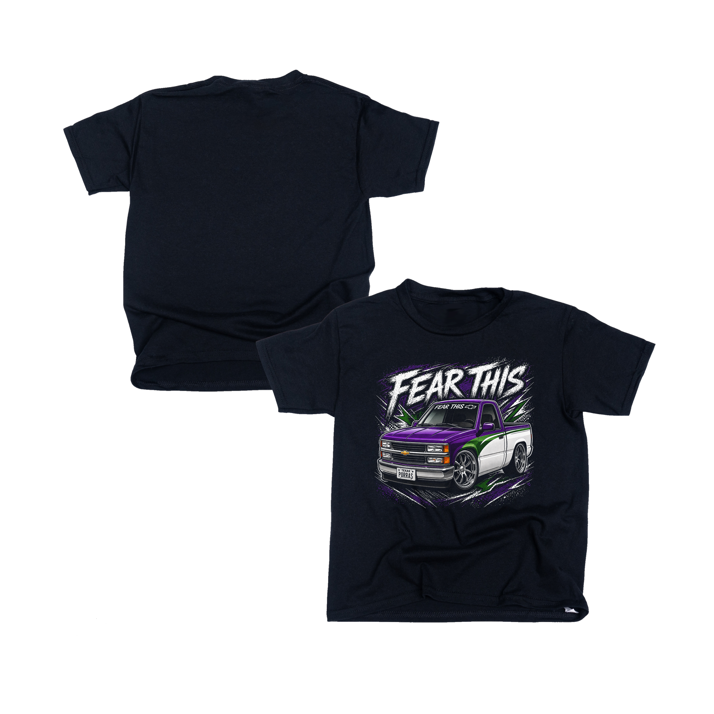 Black T-shirt with a graphic of a purple truck and the words "FEAR THIS" in bold white letters.