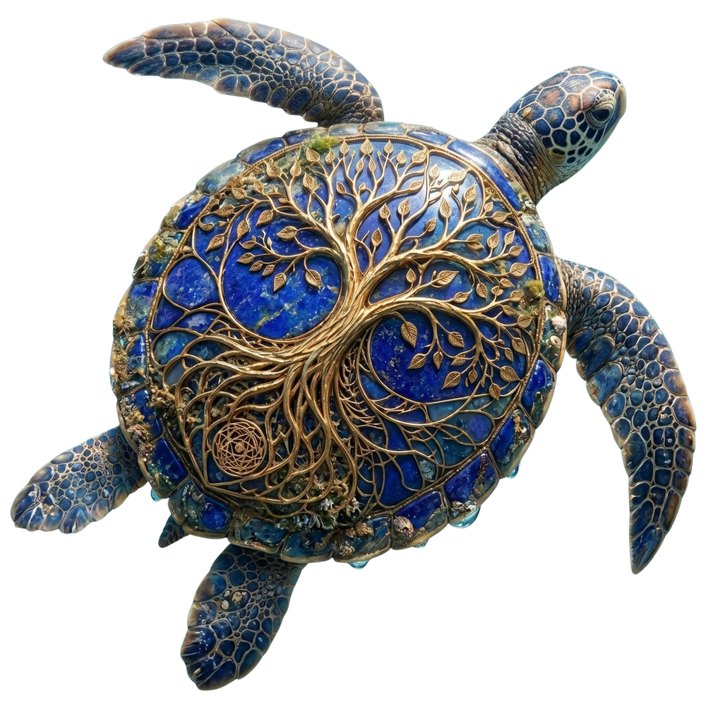 Sea turtle with a golden tree of life across its shell