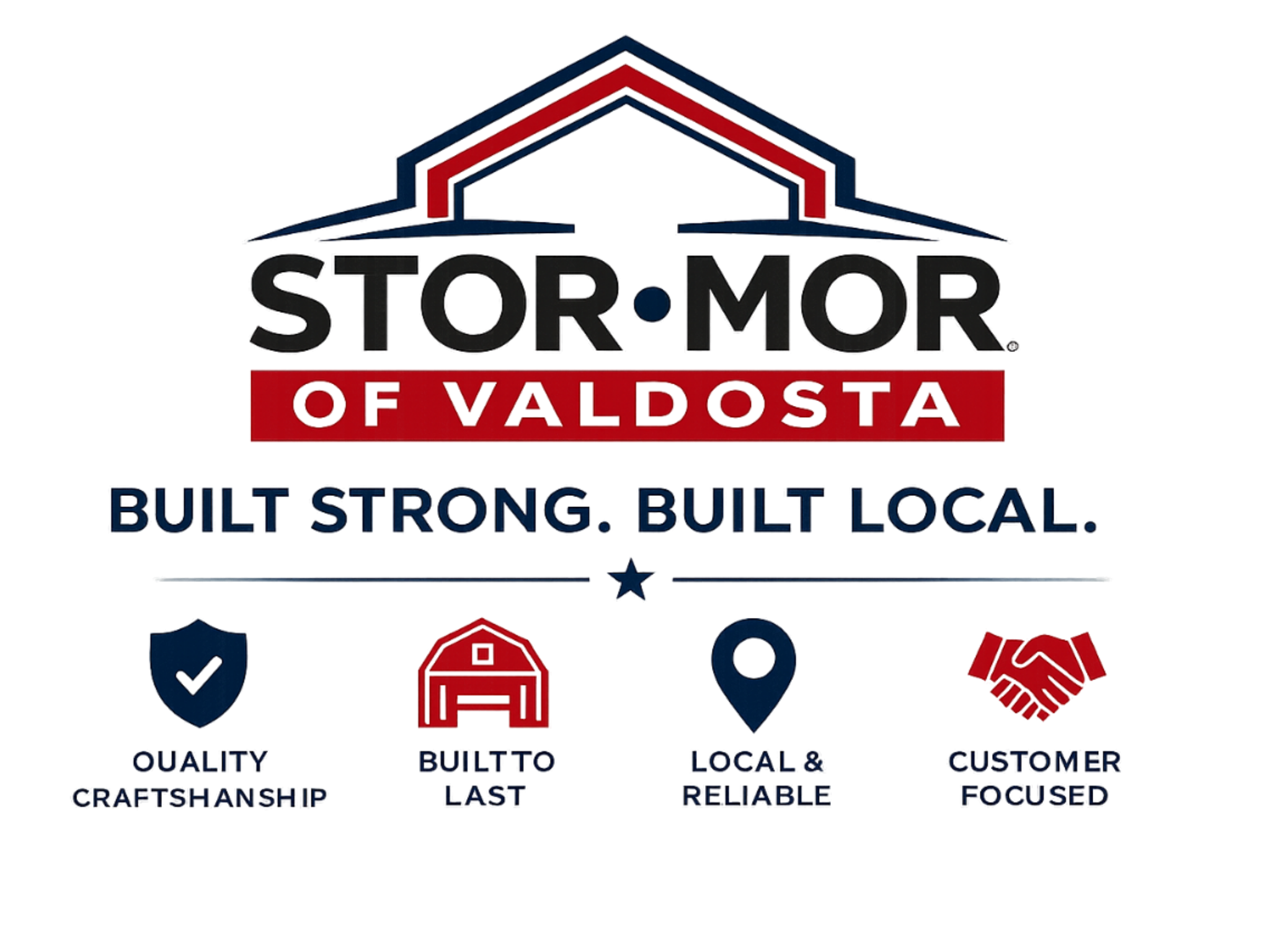 Logo for 'Stop-Mor of Valdosta' with a house outline in red and blue, and the text 'Built Strong. Built Local.' underneath.