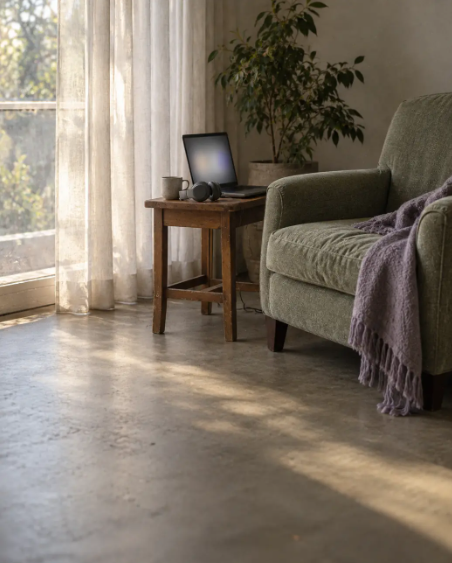 Living room with sunlight streaming through sheer curtains, a green armchair with a purple throw blanket, a wooden side table with a laptop, headphones, and a mug, a potted plant, and a concrete floor.