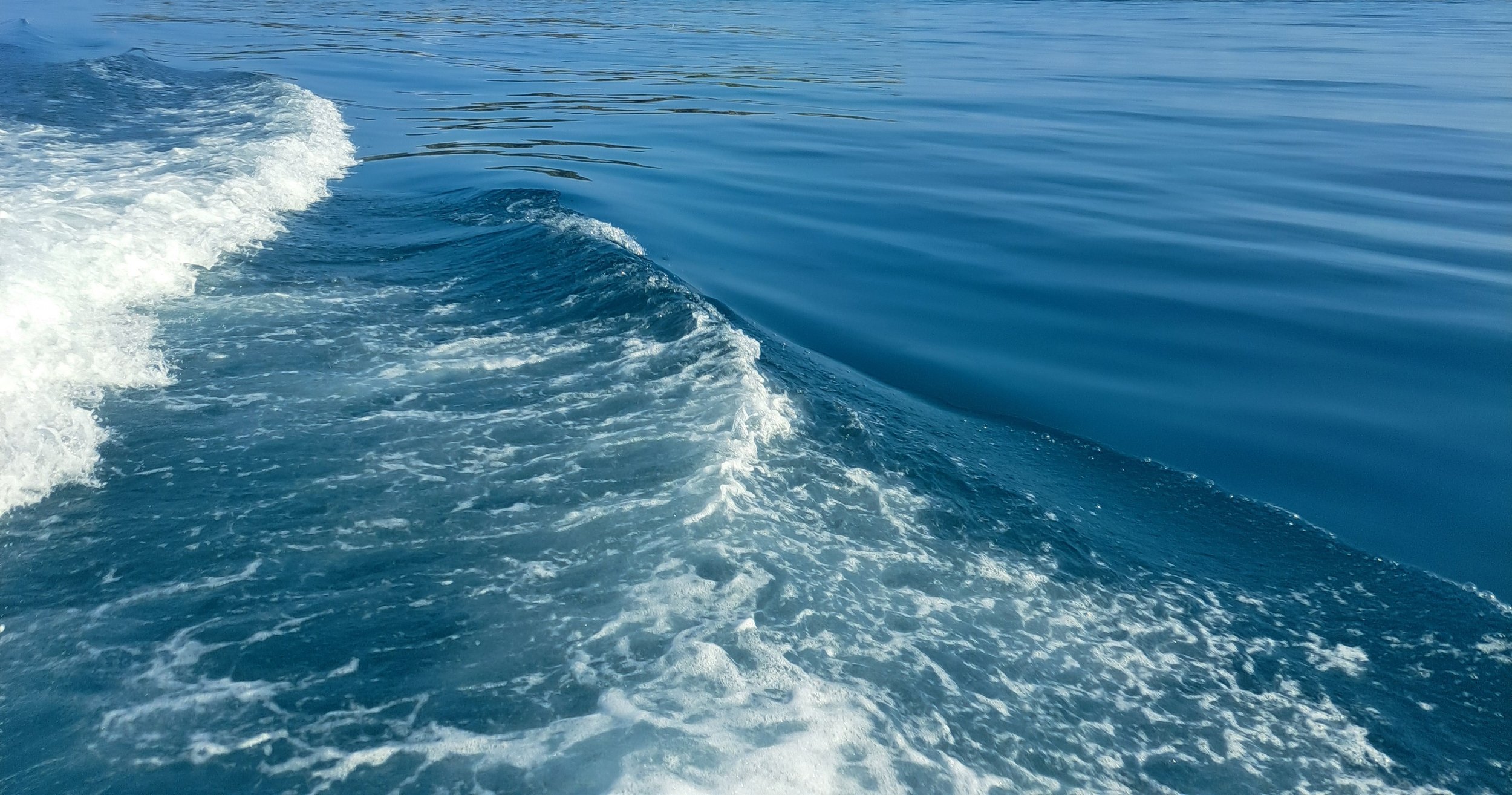 The image shows the wake of a boat moving through calm, blue water, creating a foamy trail behind it.