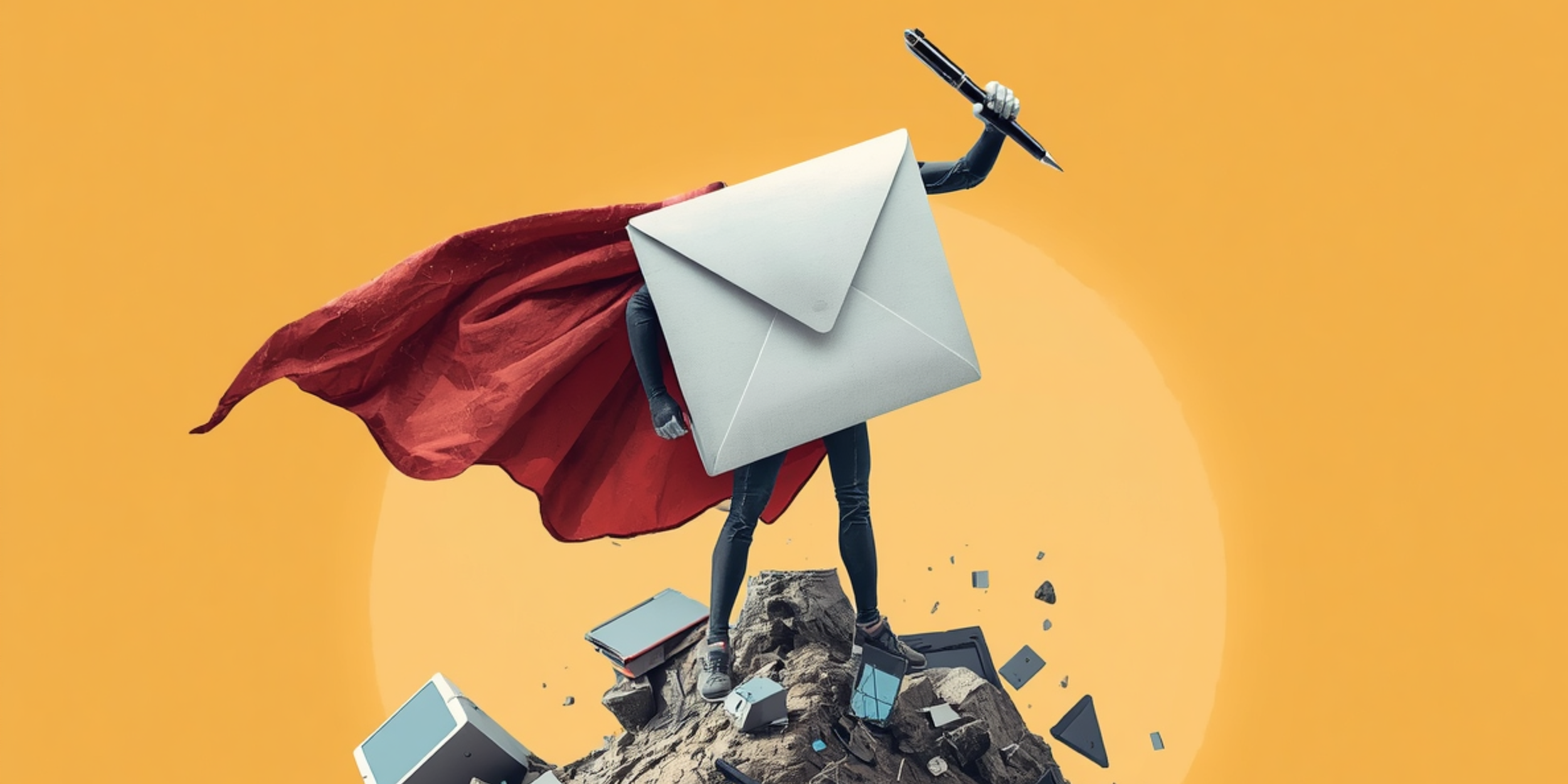 A person dressed as a superhero with a red cape and a large envelope on their chest, holding a pen, standing on rocks with scattered electronic devices around and a yellow background.