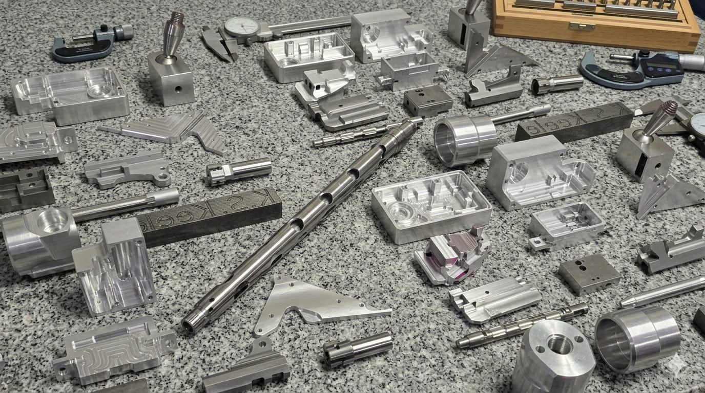 Assorted machined metal parts and tools on a speckled gray work surface, including calipers, micrometers, and a wooden box.