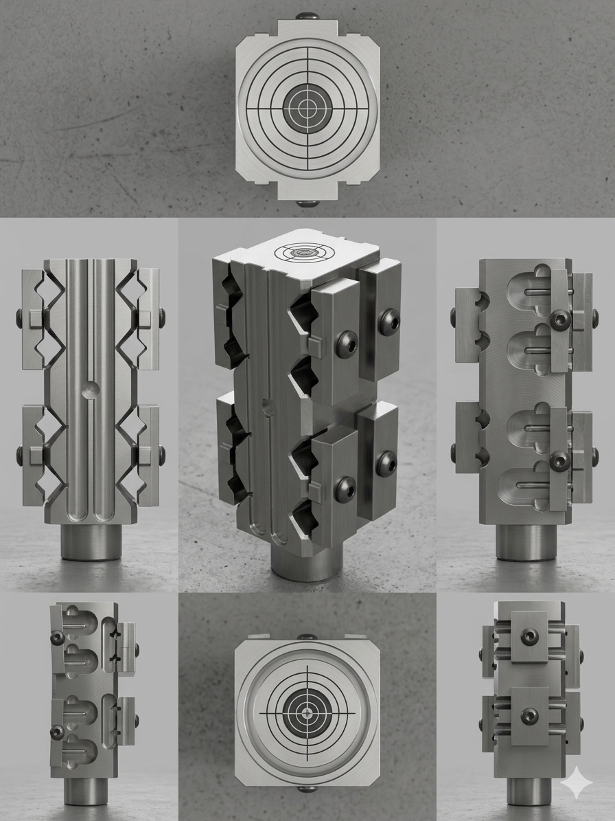 A metal mechanical component with multiple views, including top, bottom, and side perspectives, featuring cylindrical shapes, slots, and screws.