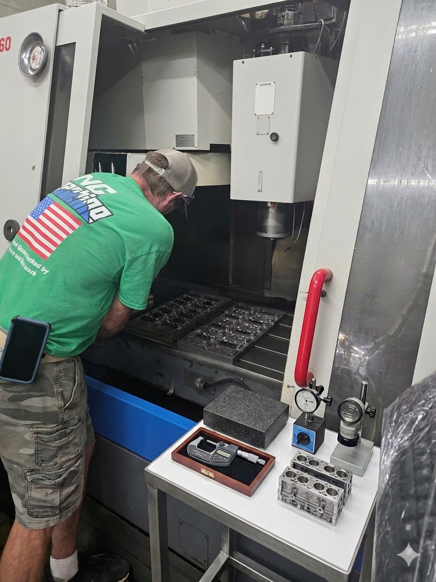 A person working on a CNC machine with the door open, inspecting small metal parts inside. Equipment and tools are on a nearby table, including a digital caliper, a dial indicator, and metal engine parts.