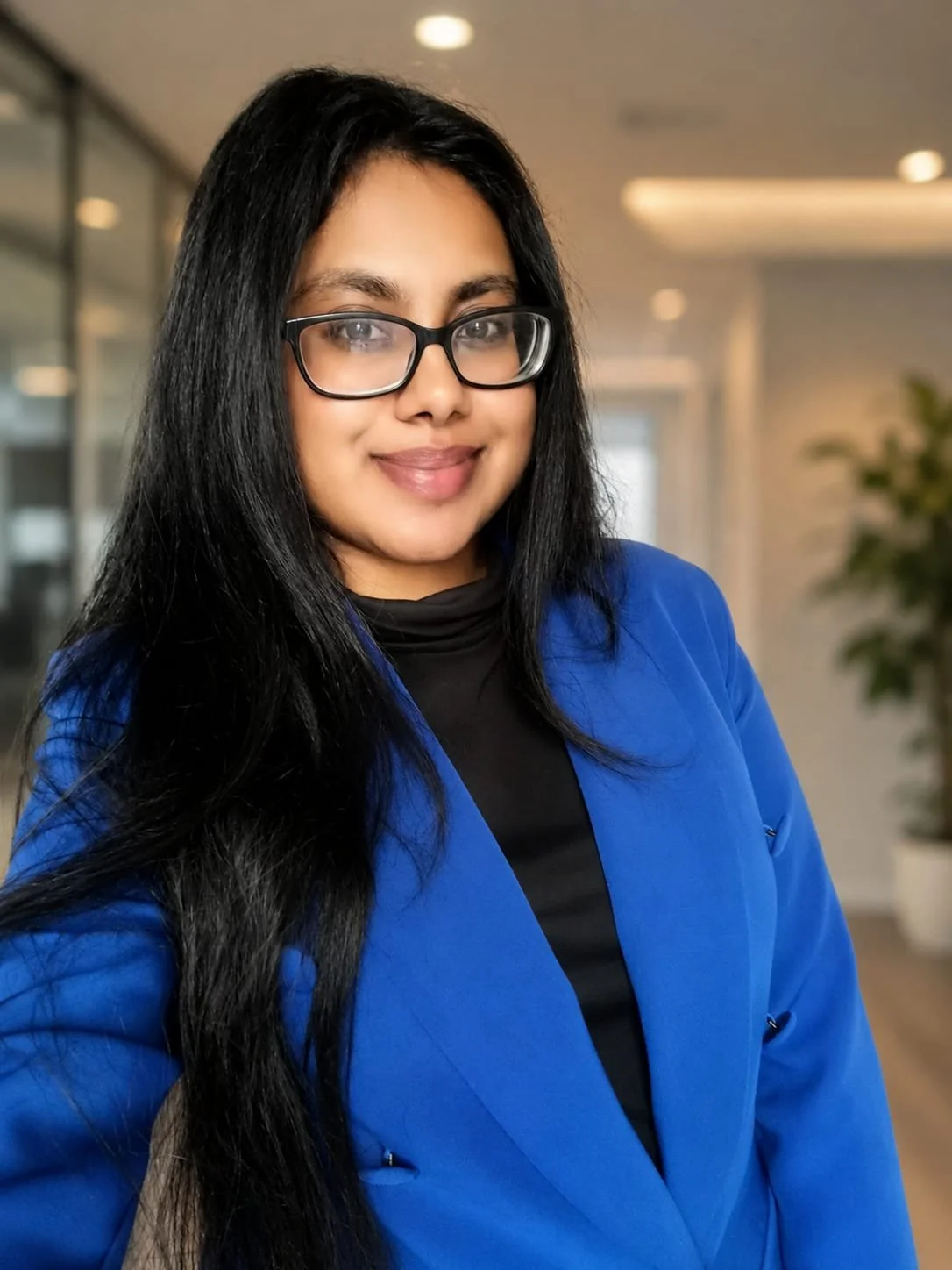 A woman with long black hair, glasses, and a black shirt with a black turtleneck, wearing a blue blazer, standing in an office environment, smiling at the camera.