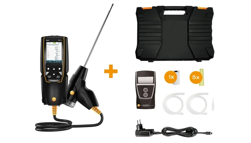 A digital moisture meter with a probe, a carrying case, a small handheld device, a roll of 5 small adhesive labels, one additional label, a pair of protective glasses, and a power cord.