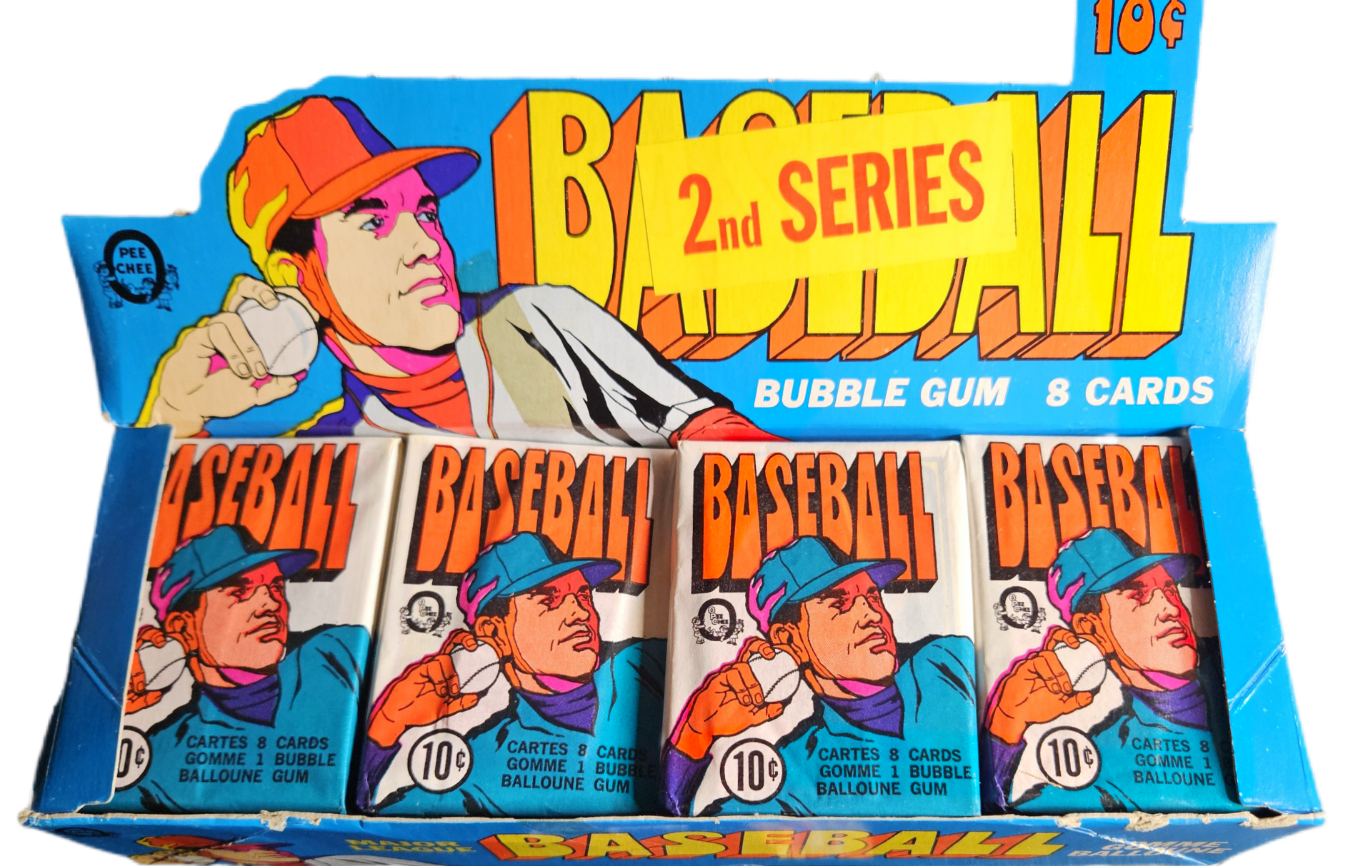 Colorful vintage baseball gum card packaging featuring an illustration of a man in a baseball cap holding a baseball, with bold yellow and red text indicating '2nd Series' and a price of 10 cents, displaying multiple packs inside.