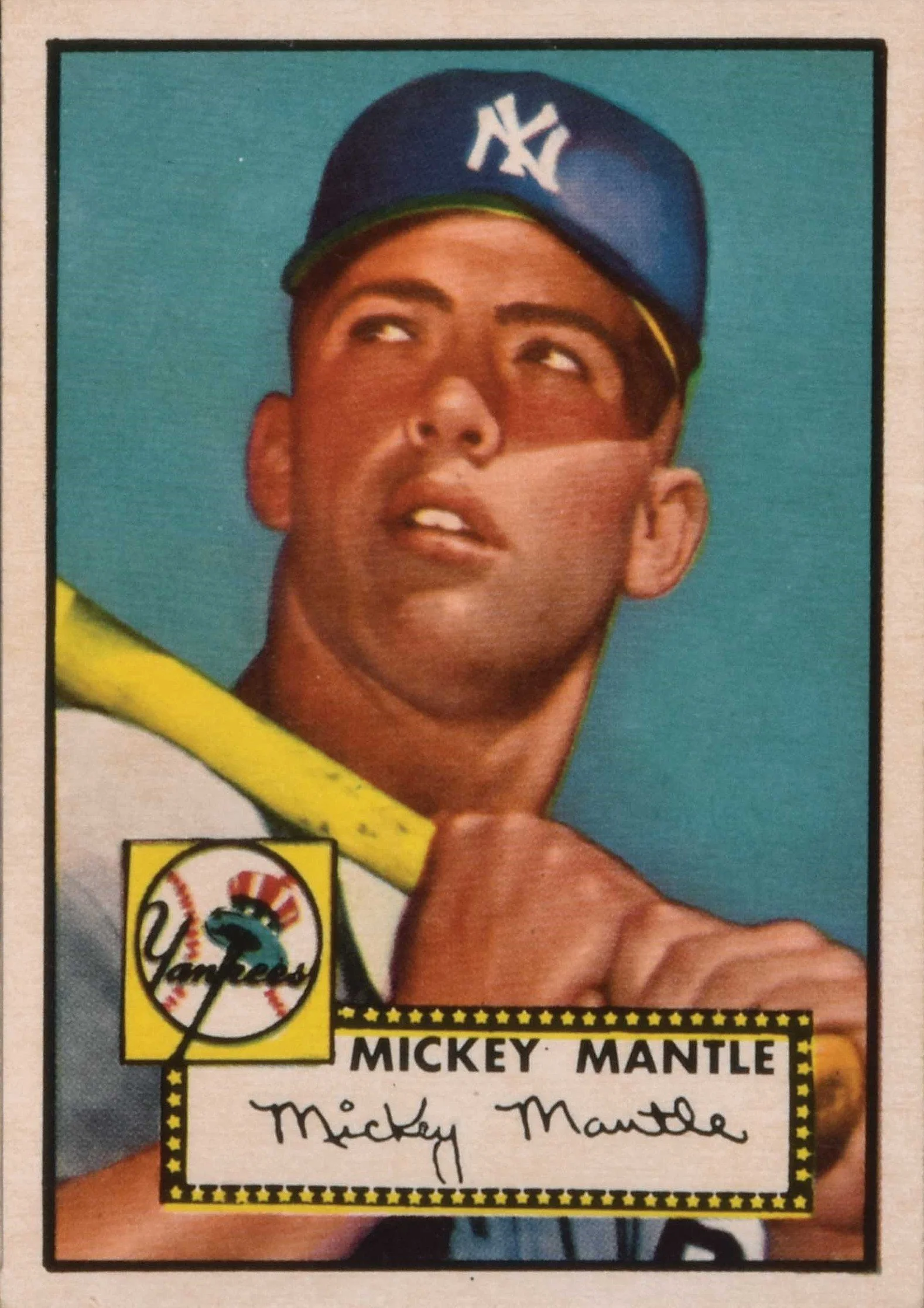 Box of Mickey Mantle baseball trading card featuring a young boy wearing a New York Yankees cap and holding a baseball bat.