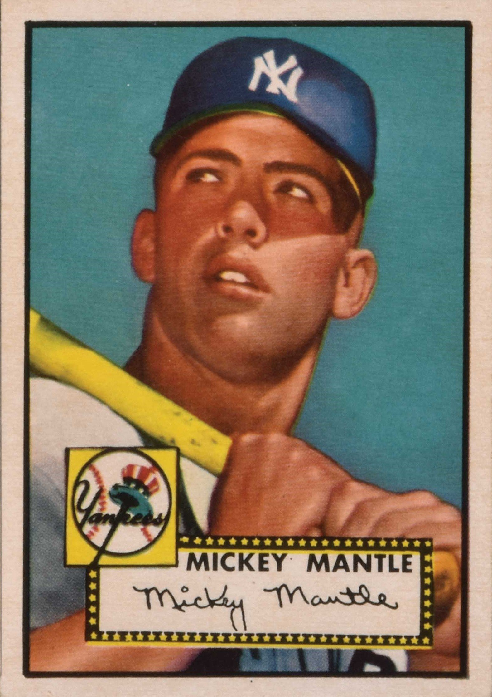 A baseball card featuring Mickey Mantle wearing a New York Yankees cap, holding a yellow baseball bat, with a Yankees logo at the bottom left and his signature at the bottom.