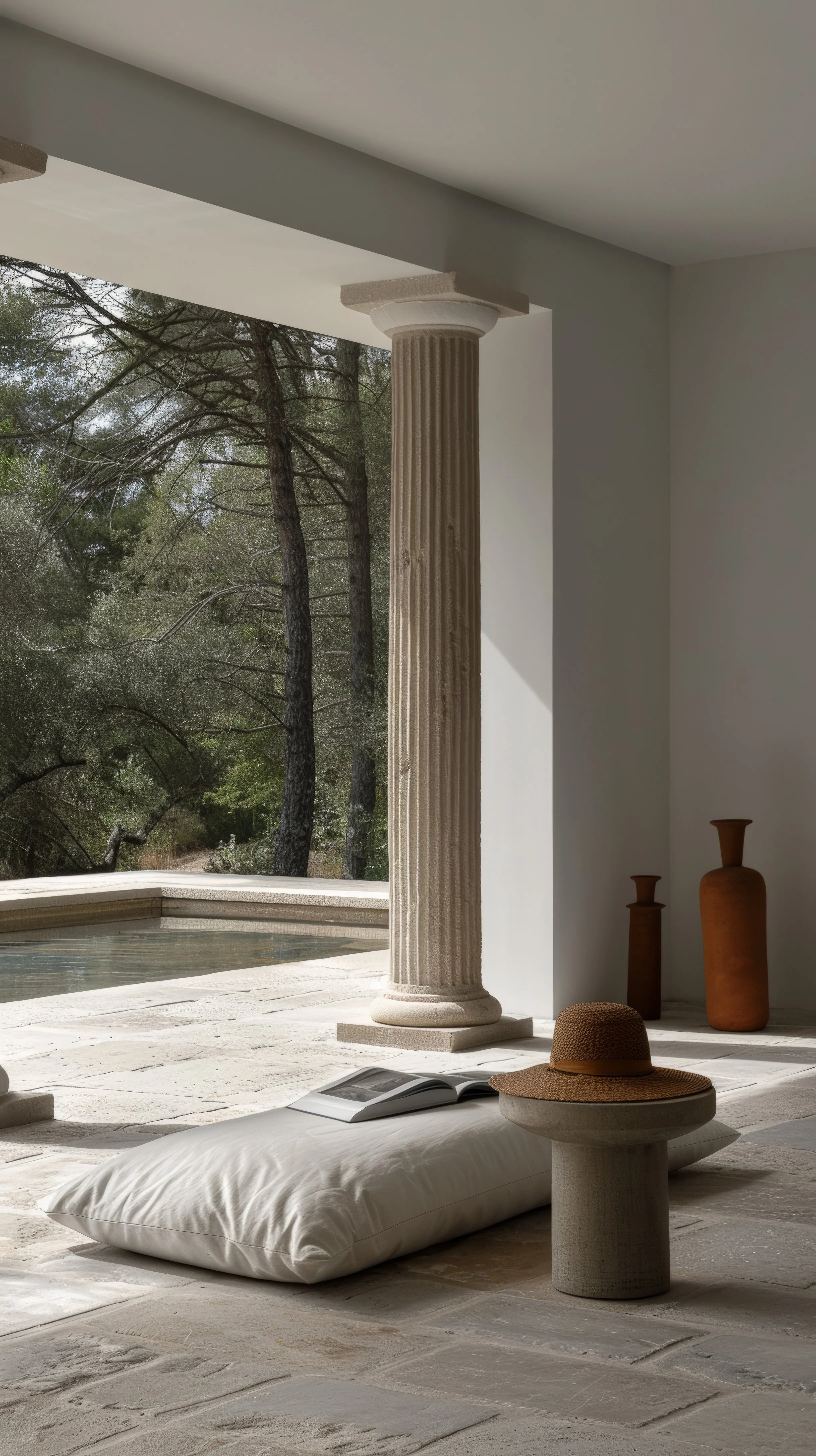 Interior space with a large white pillow on a stone floor, an open book, a straw hat, and decorative vases, with a view of trees outside through a large opening with a classical column.
