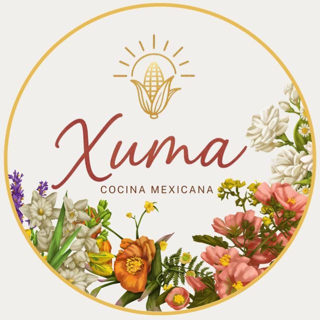 Logo for Xuma Cocina Mexicana with a corn motif at the top and surrounded by colorful flowers.