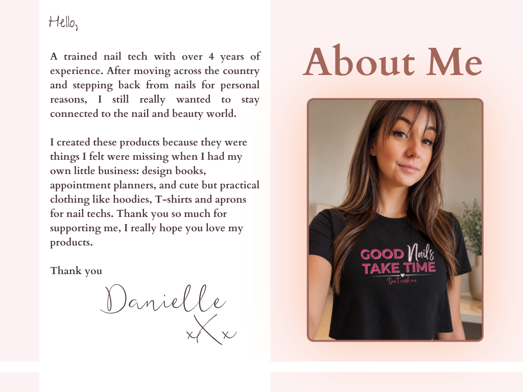 A woman with long brown hair and light skin, wearing a black T-shirt that says "Good Nails Take Time" in pink and white text, smiling slightly.