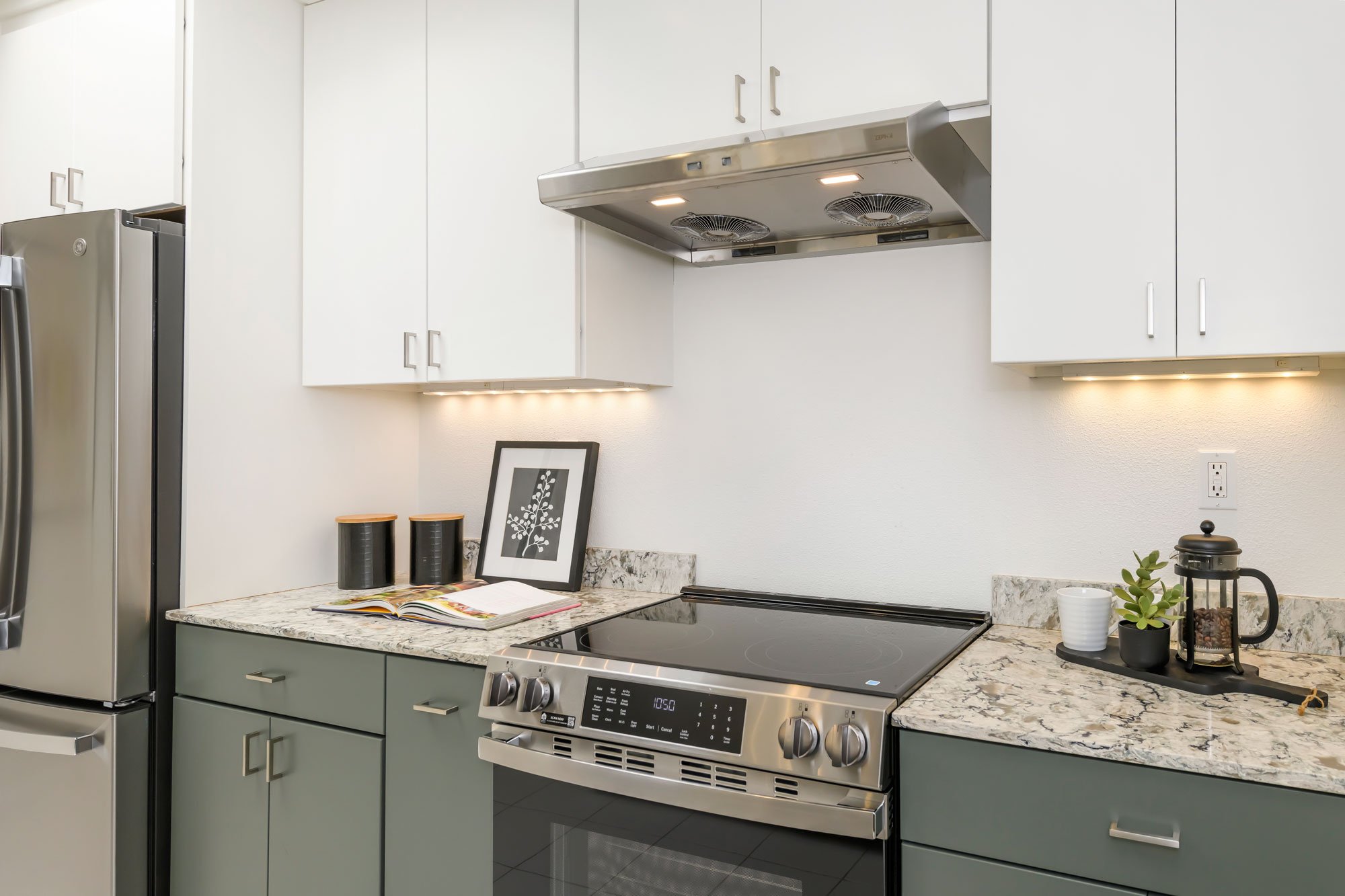Modern kitchen with gray cabinets, marble countertop, stainless steel stove and range hood, fridge, and decorative items including a framed picture, books, and plants.