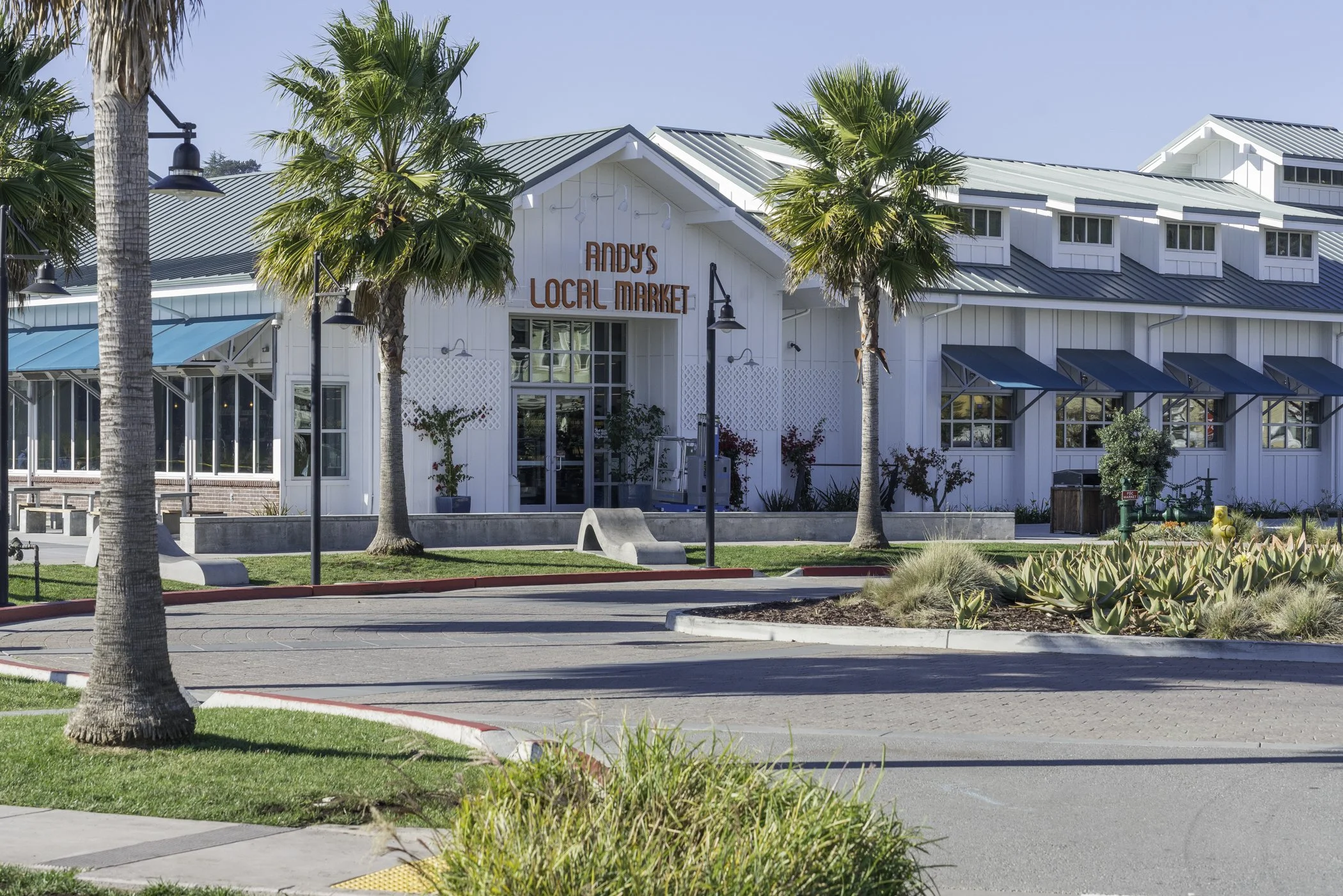 Exterior of Andy's Local Market building with palm trees and clear blue sky