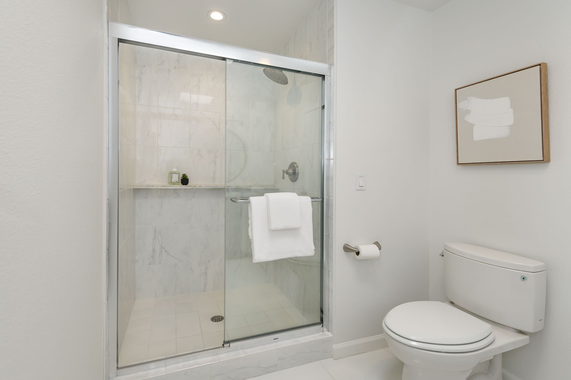Modern bathroom with a glass shower enclosure, white towel, toilet, small framed artwork, and minimal fixtures.