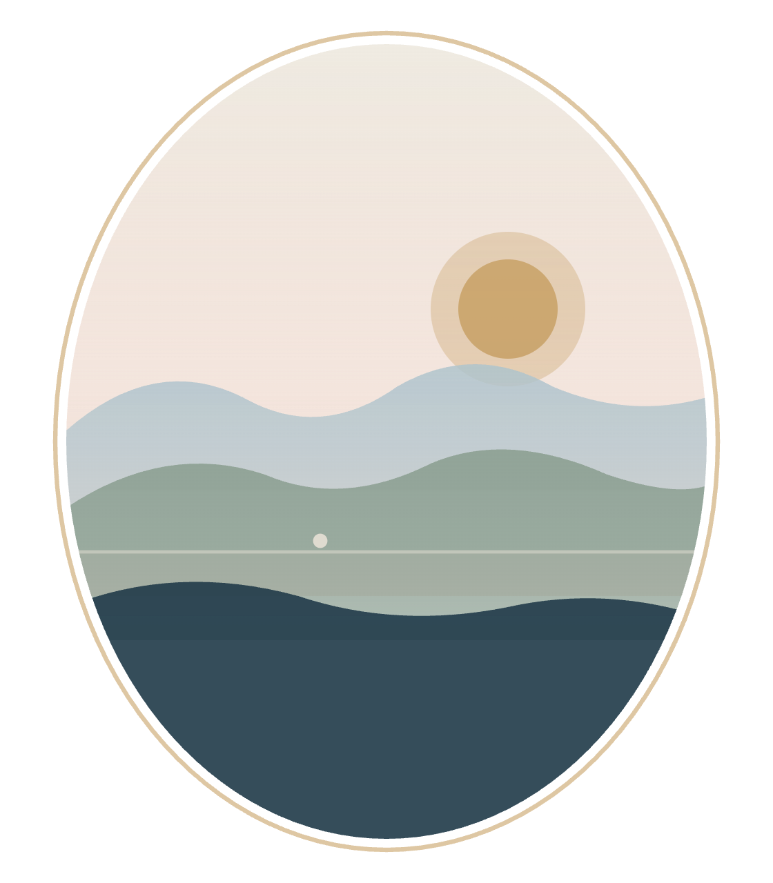 Life Abroad After 50 logo mark. Minimalist illustration of a sunset over hills and water, viewed through a rounded window with a beige frame.