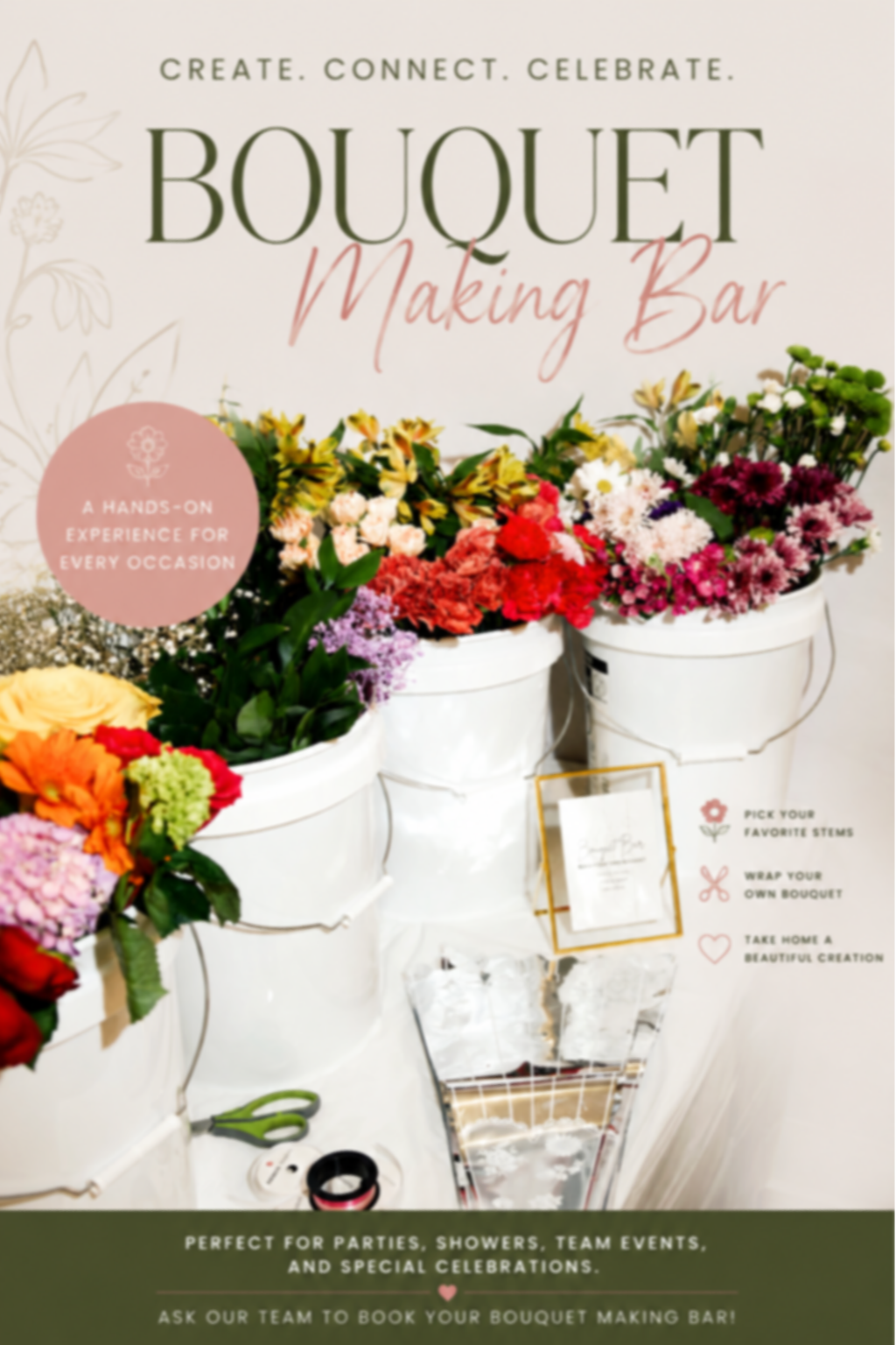 Display of flowers in white buckets at a bouquet making bar with signs and instructions, promoting a hands-on floral arrangement experience for special occasions.