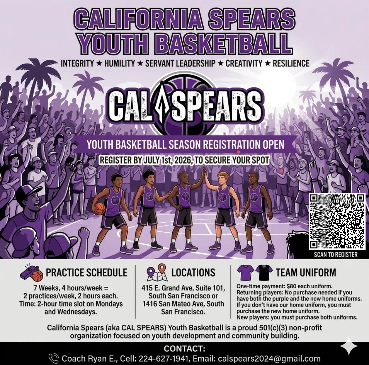 Poster for California Spears Youth Basketball with purple and black theme. Features a crowd of animated spectators and a team of young basketball players in purple uniforms. Text highlights registration deadline, practice schedule, locations, team uniforms, and contact info. QR code in bottom right corner.