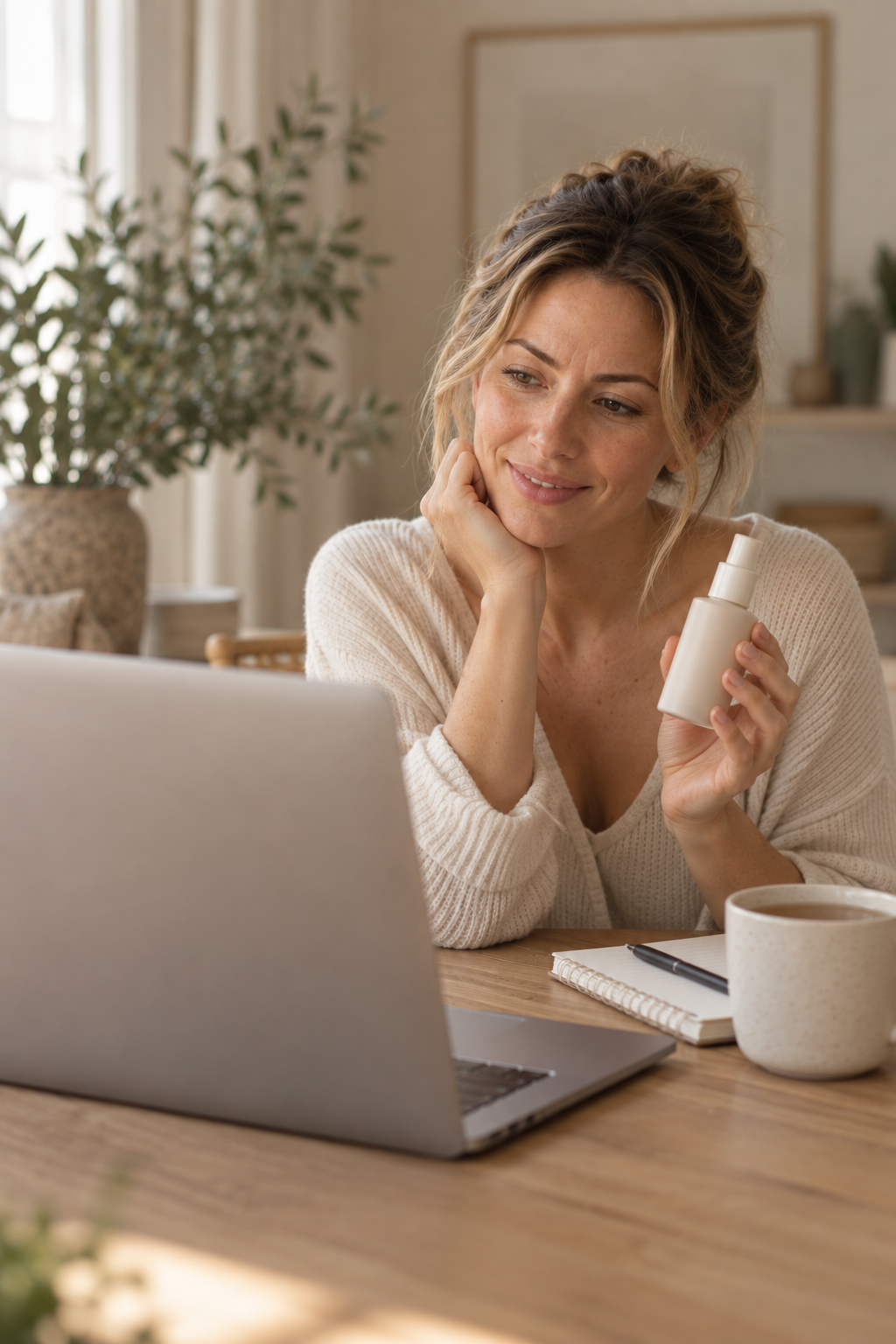 Woman sitting at a wooden table holding a white spray bottle, smiling while looking at a laptop, with a notepad, pen, and a mug of coffee nearby, in a cozy, well-lit room with plants and framed artwork.