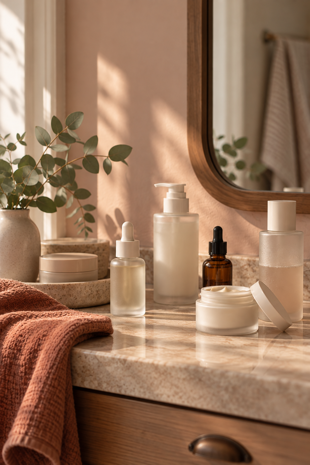 A bathroom countertop with skincare bottles, a small jar, a potted plant, a mirror, and a folded towel.