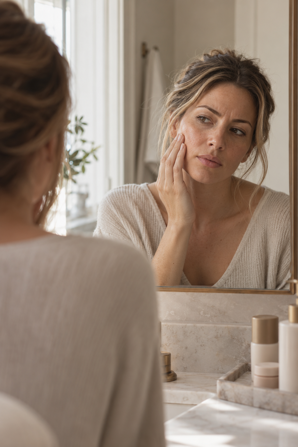 Woman looking at her face in the bathroom mirror, touching her cheek, with skincare products on the bathroom counter.