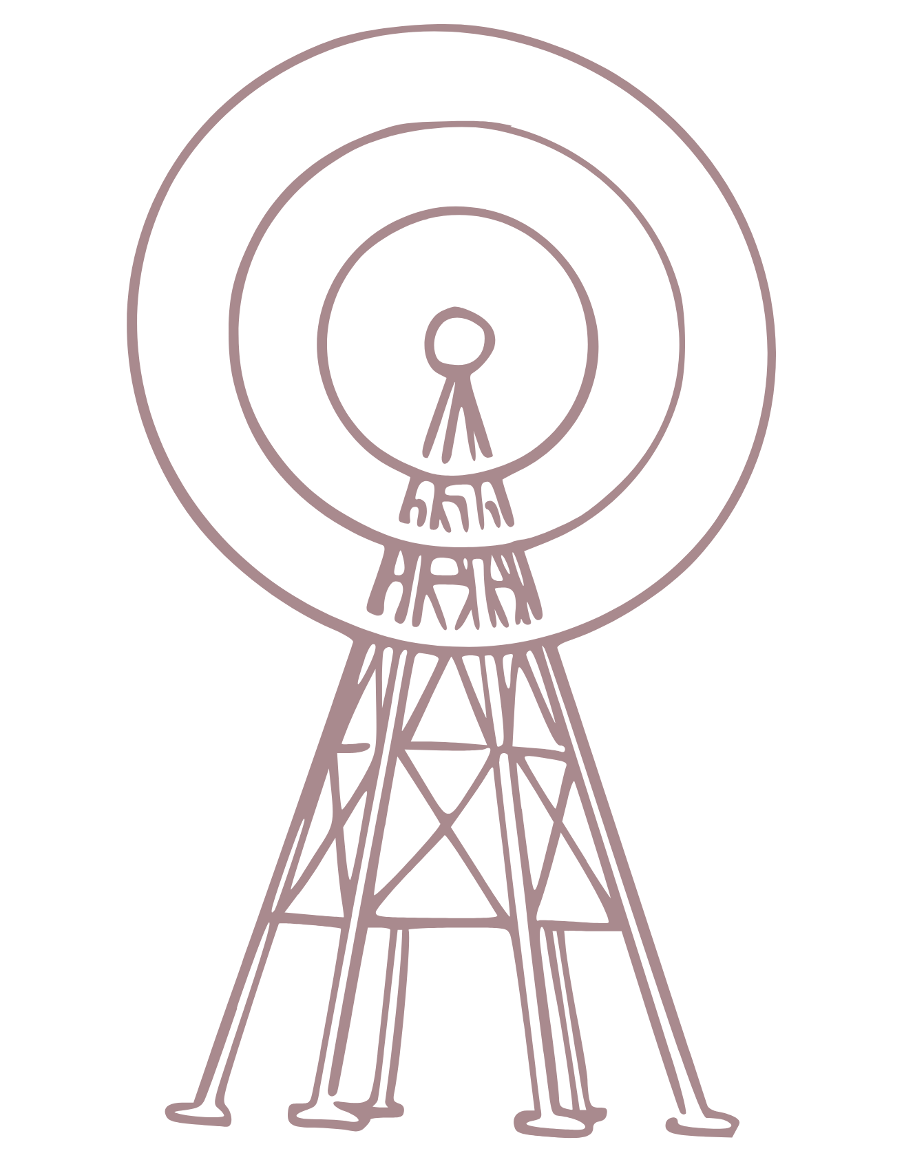Line drawing of a radio tower with concentric circles representing radio signals, and the words 'RADIO' and 'WAVE' written vertically below the tower.