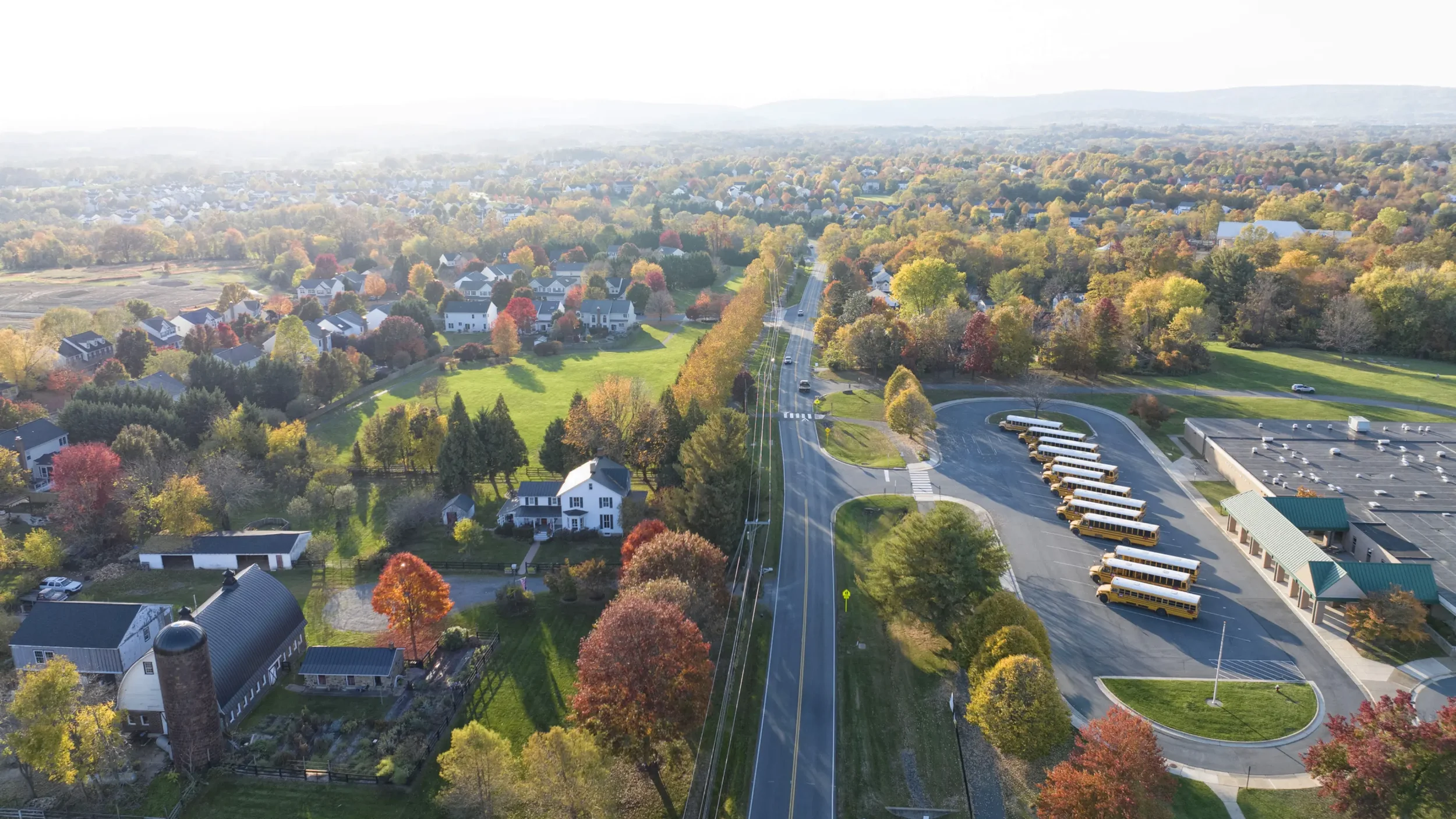 Aerial view of a residential neighborhood featuring tree-lined streets, homes, and school buses traveling through the community.