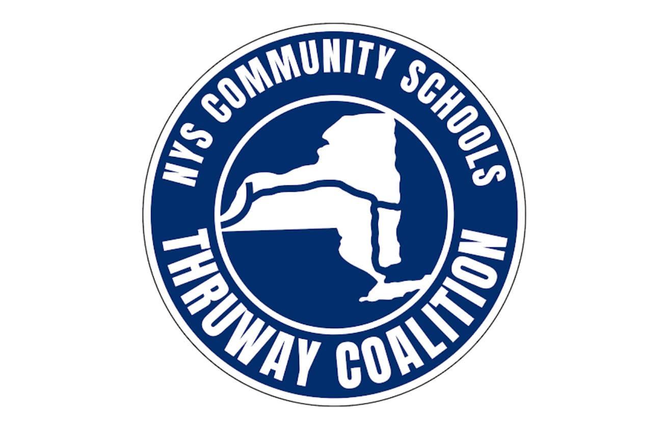 Logo of NYS Community Schools Thumbnail Coalition featuring a blue circular emblem with a map of New York State and the organization's name encircling it.