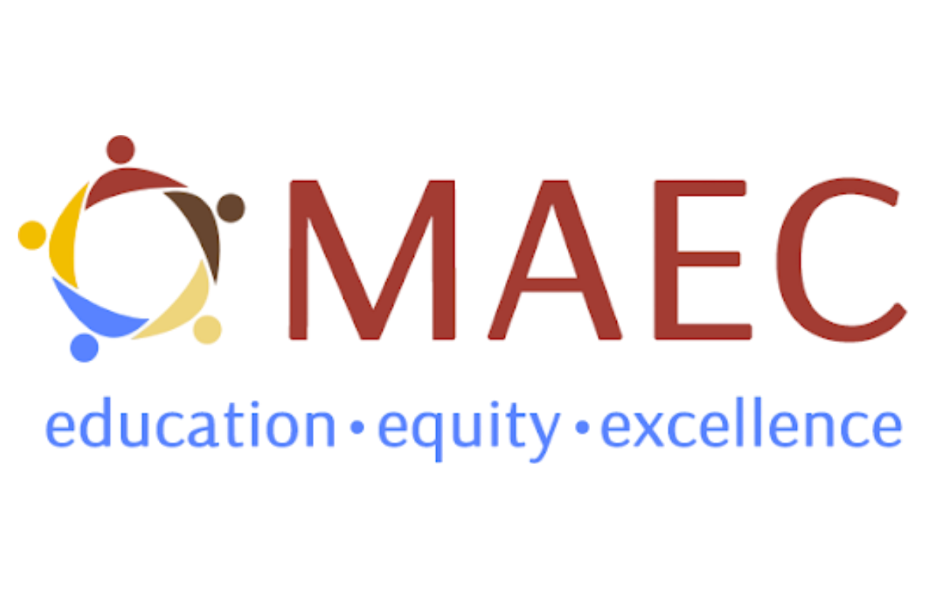 Logo with the text 'MAEC' in large red letters, a colorful circular graphic, and the slogan 'education, equity, excellence' in blue.