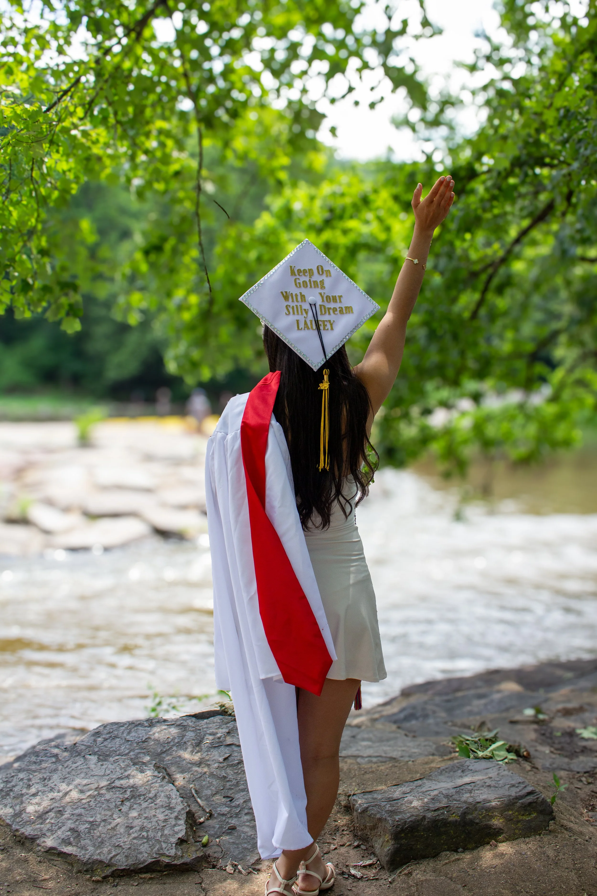 A person in a graduation gown and cap stands near a riverbank, surrounded by green trees, with one arm raised and the other holding the gown. The cap has a tassel and a message that says, "Keep On Going With Your Silly Dream LAKEY."