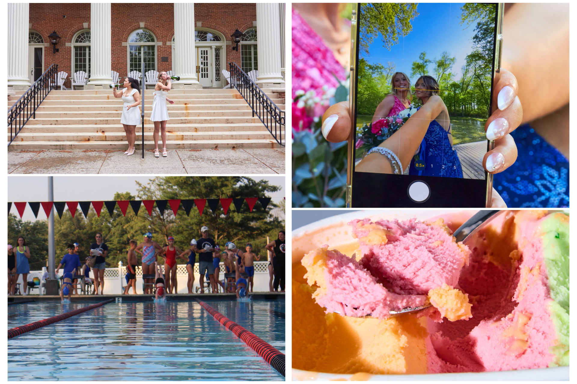 Collage of images: two women in white dresses drinking champagne on steps outside a brick building with white columns, a person taking a selfie with two women in a park, children and adults at a swimming pool with a white fence and red banners, and colorful ice cream of pink, green, and orange flavors.