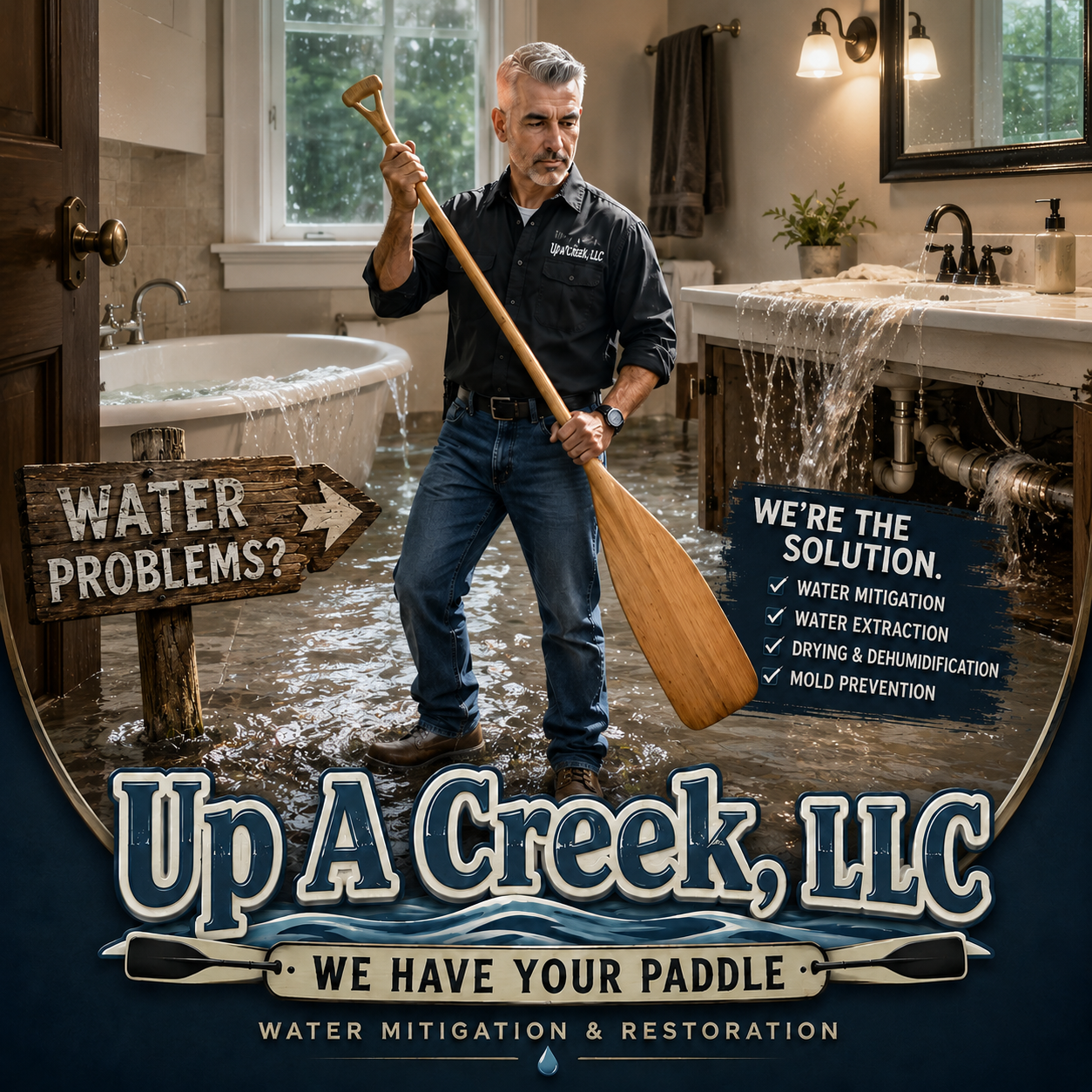 A man in a black shirt and jeans holding a paddle stands in a flooded bathroom with water spilling from the sink and bathtub. There is a bathroom mirror, a window, and a potted plant. Signs in the image say 'Water Problems?' and 'We're the Solution,' listing water mitigation services.
