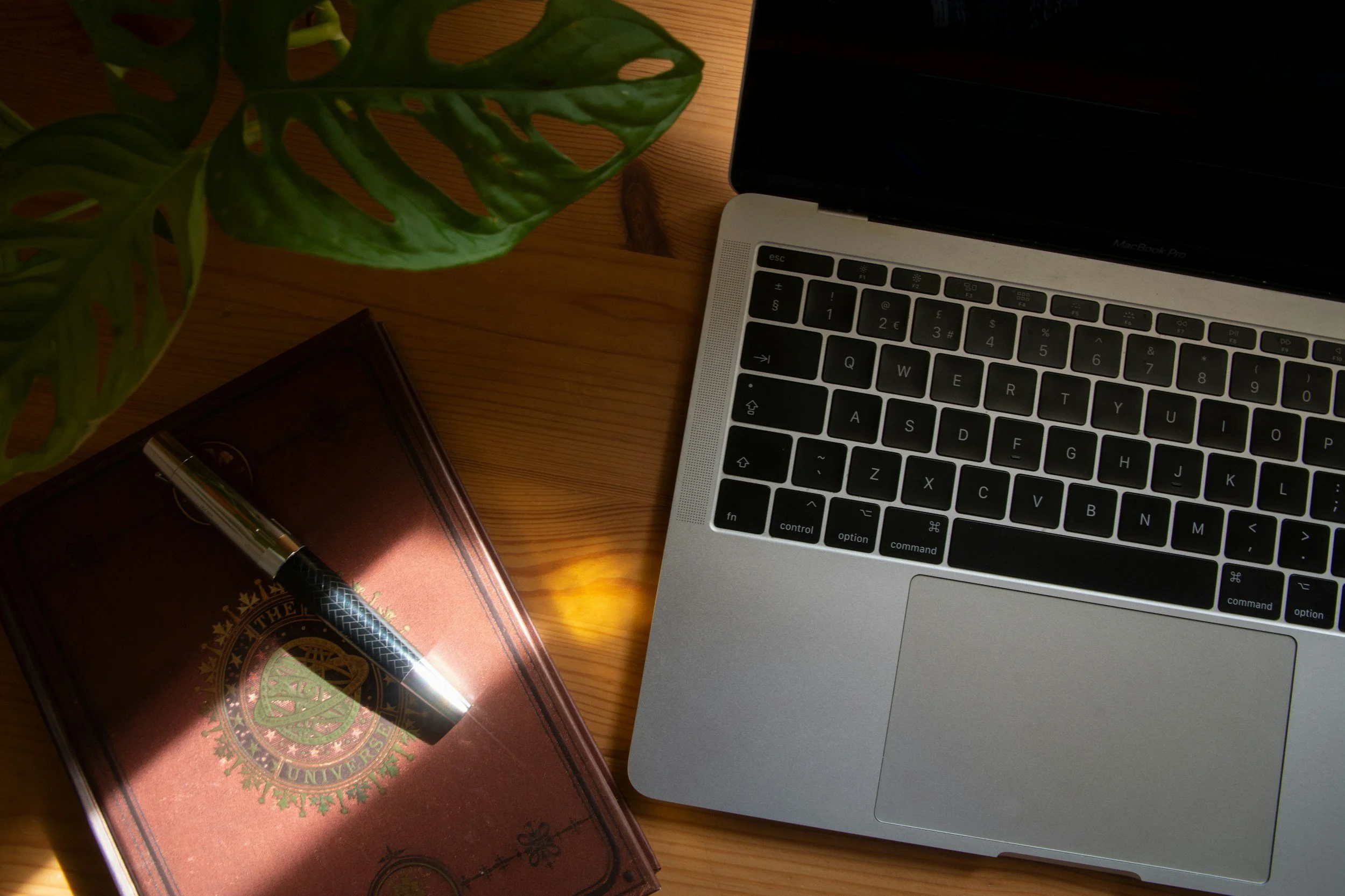 Picture of the left third of a laptop keyboard, the ight third of a book, both on a wooden desk.
