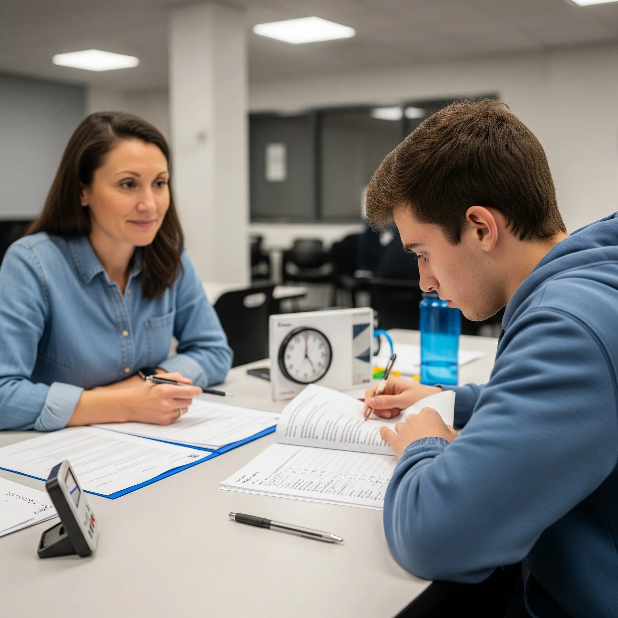 Adult woman sitting across from college student male while taking an assessment