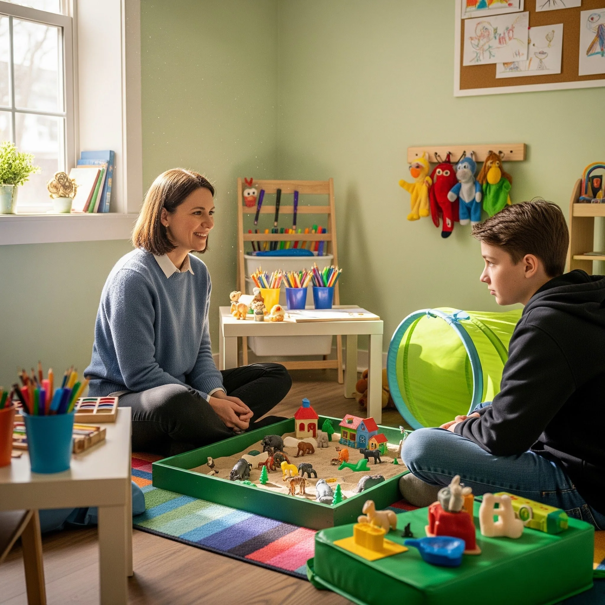 Adult woman and teenage boy in a play therapy room with a sandtray between them.