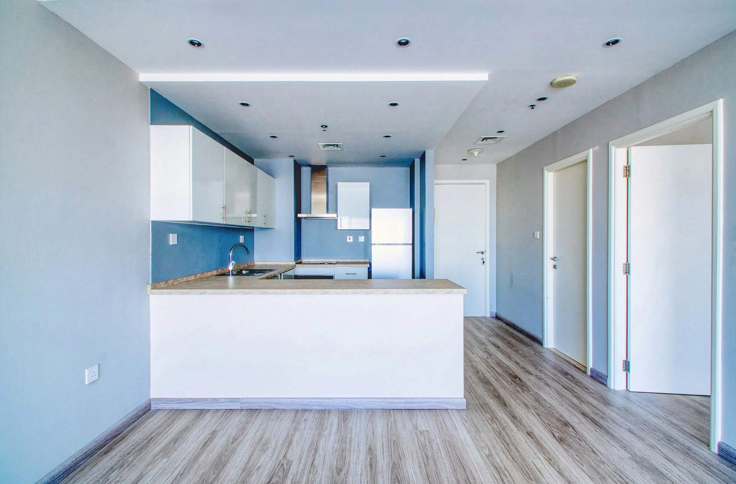 Interior view of a modern apartment with a kitchen area and hallway, featuring light gray walls, wooden flooring, ceiling recessed lights, and closed doors.