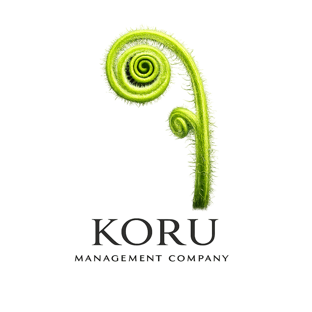 A green fern frond tightly coiled into a spiral, with a gradient background ranging from lime green to black, and the company name 'KORU MANAGEMENT COMPANY' displayed at the bottom.