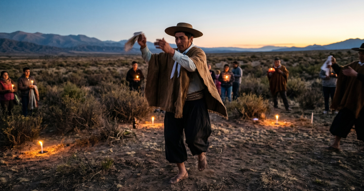 Bailarín de folklore del Noroeste argentino en movimiento  al atardecer, evocando los rezabailes del velorio  del angelito.