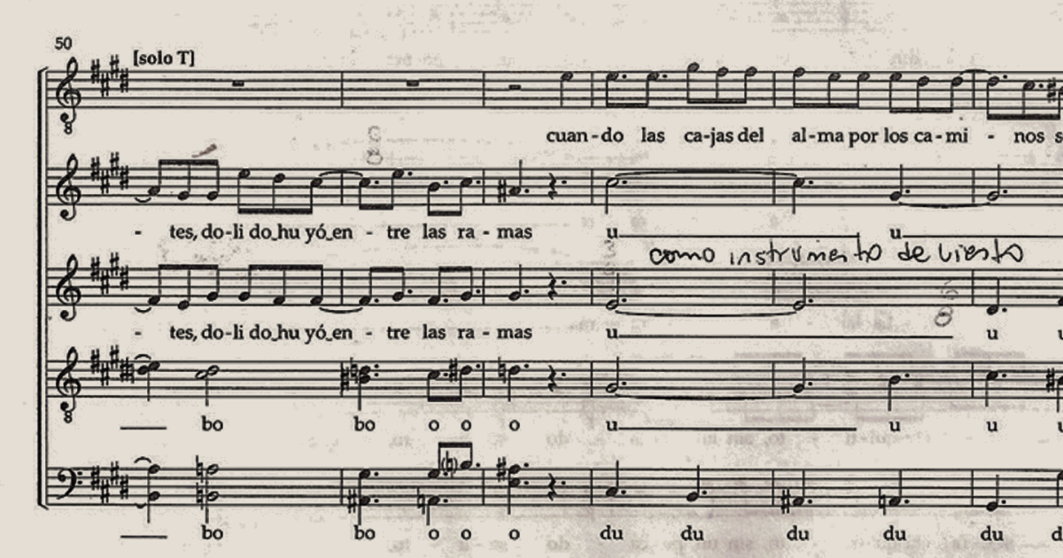 Fragmento manuscrito de la partitura de "Cuando muere  el angelito", arreglo coral de Eduardo Ferraudi,  con anotaciones de ensayo de Cámara XXI.