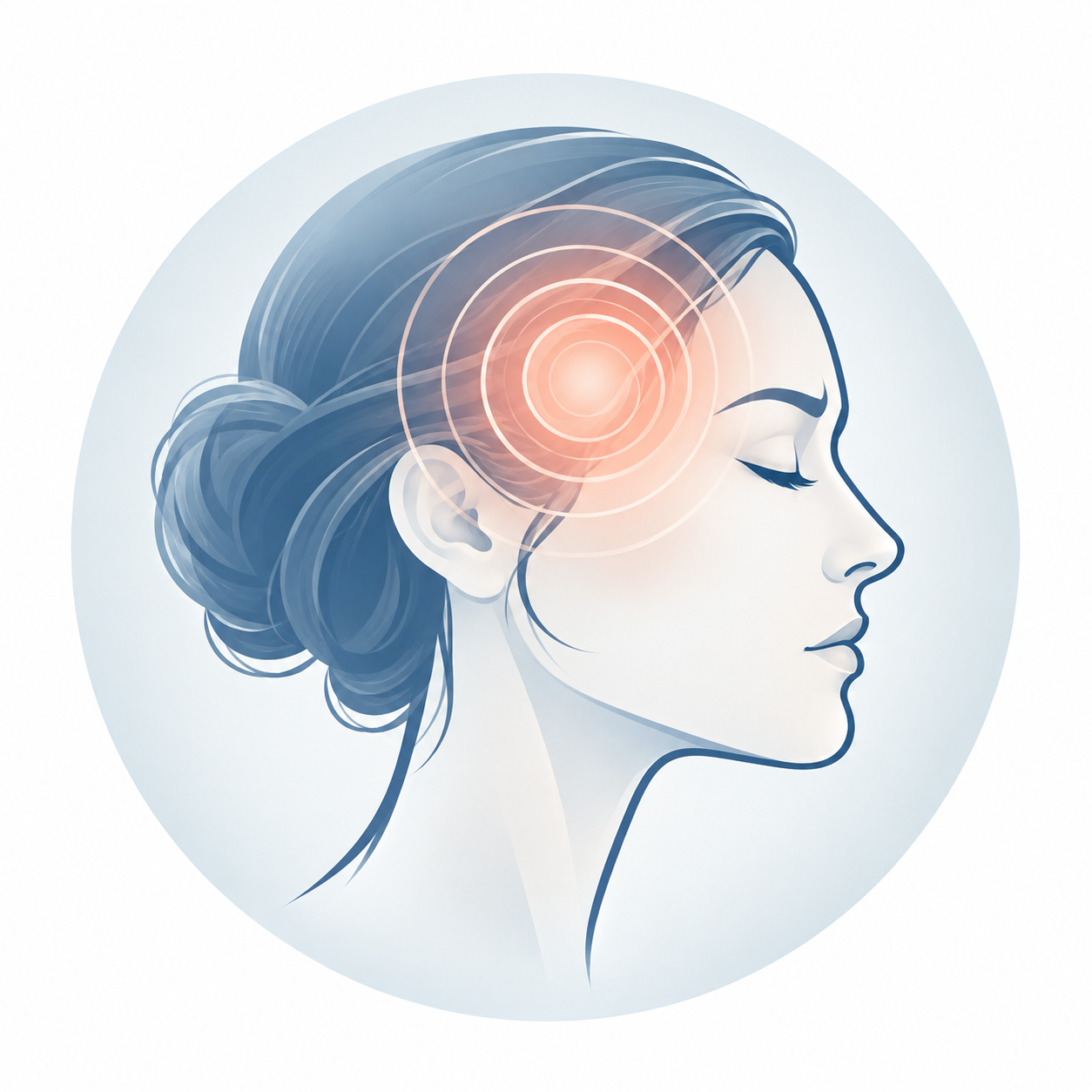 A digital illustration of a woman with her eyes closed and her head in profile, with a glowing target on her temple indicating pain or a headache.