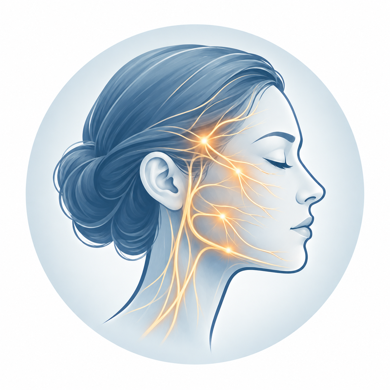 Illustration of a woman's head in profile showing facial nerves and their connection to the brain, with nerve pathways highlighted in orange.