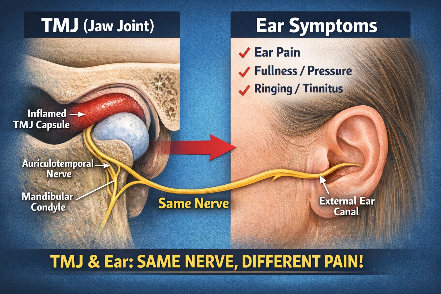 A diagram illustrating the connection between the temporomandibular joint (TMJ) and ear nerves, showing an inflamed TMJ capsule, auriculotemporal nerve, and mandibular condyle on the left. An arrow points to the same nerve extending to the external ear canal on the right, highlighting that TMJ and ear pain are linked through the same nerve, despite different symptoms like ear pain, fullness or pressure, and ringing or tinnitus.