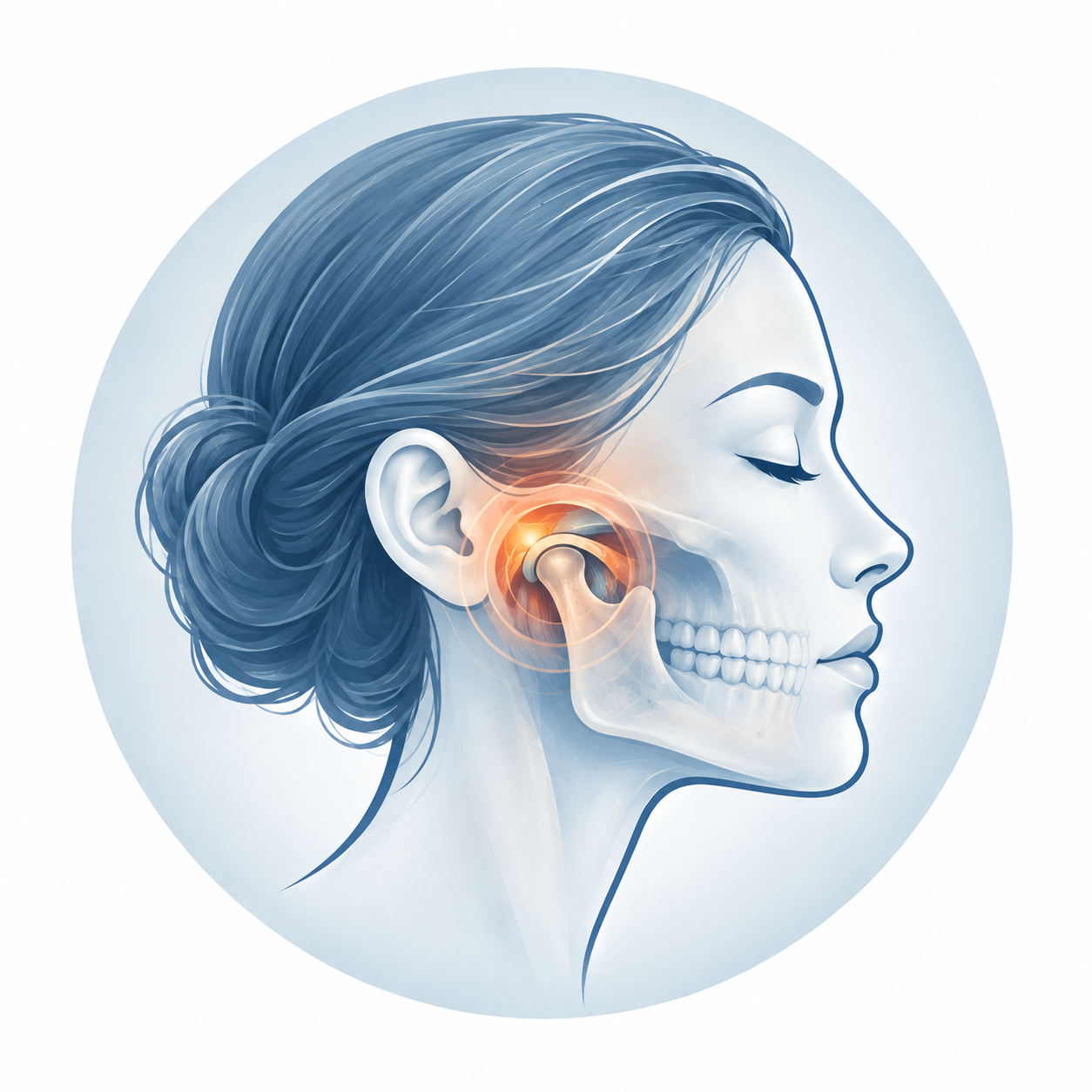 Illustration of a woman with a highlighted ear indicating ear pain or inflammation.