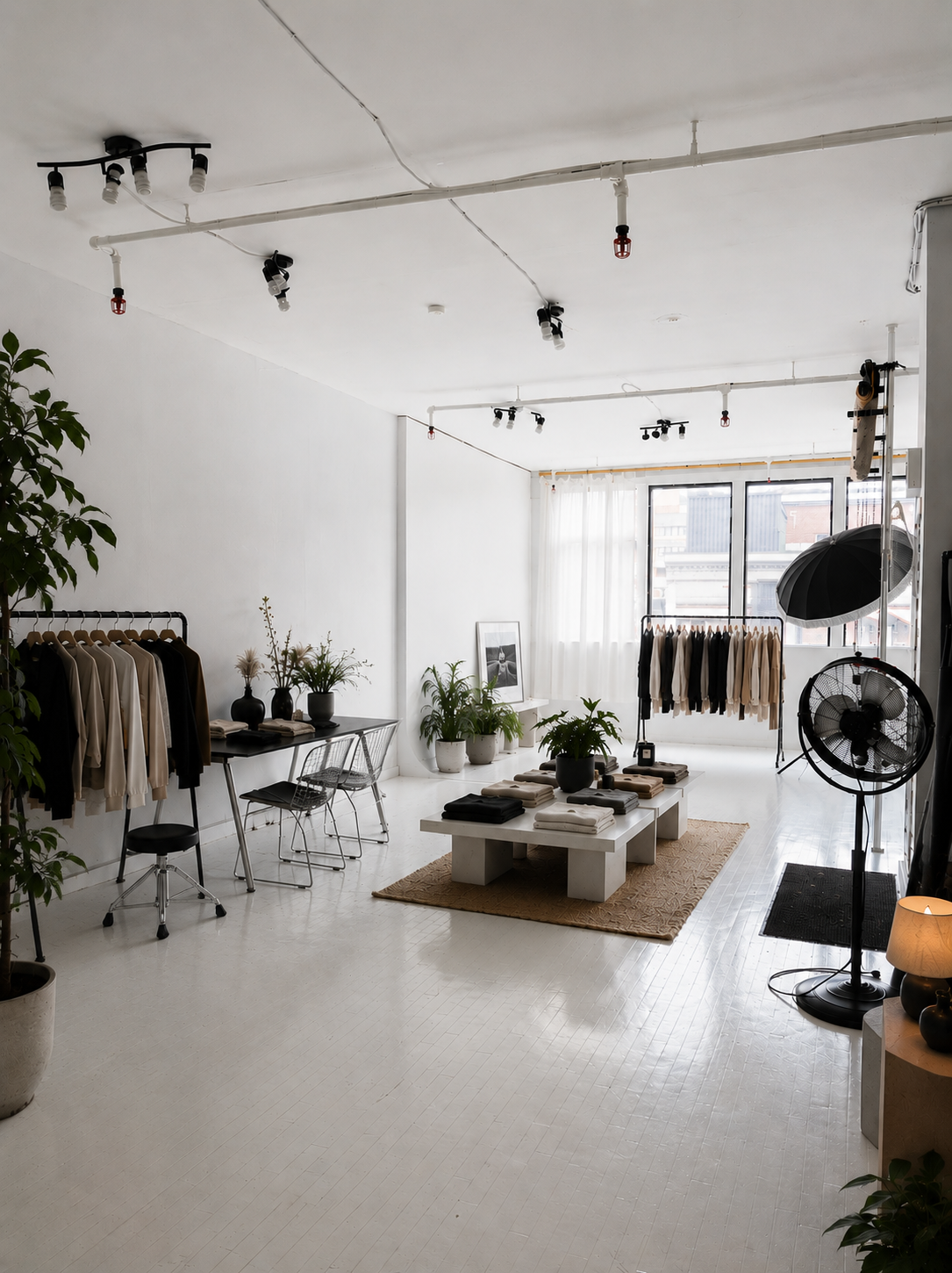 Beautiful space for Pop Up Shops. Interior of a modern clothing boutique with racks of clothing, potted plants and large windows letting in natural light.